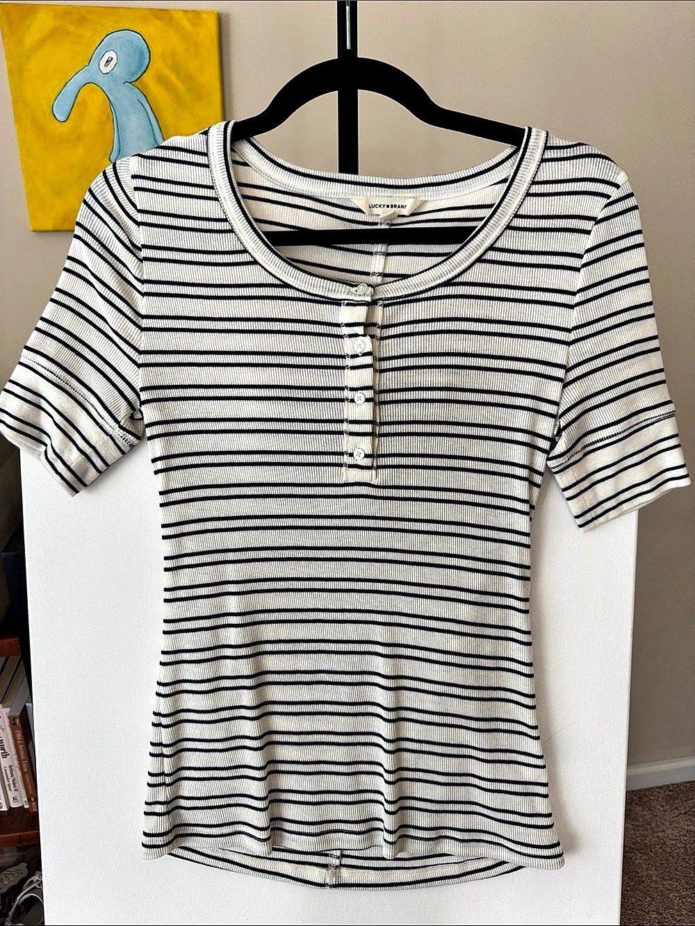 Lucky Brand Striped Ribbed Henley Tee White & Black Small